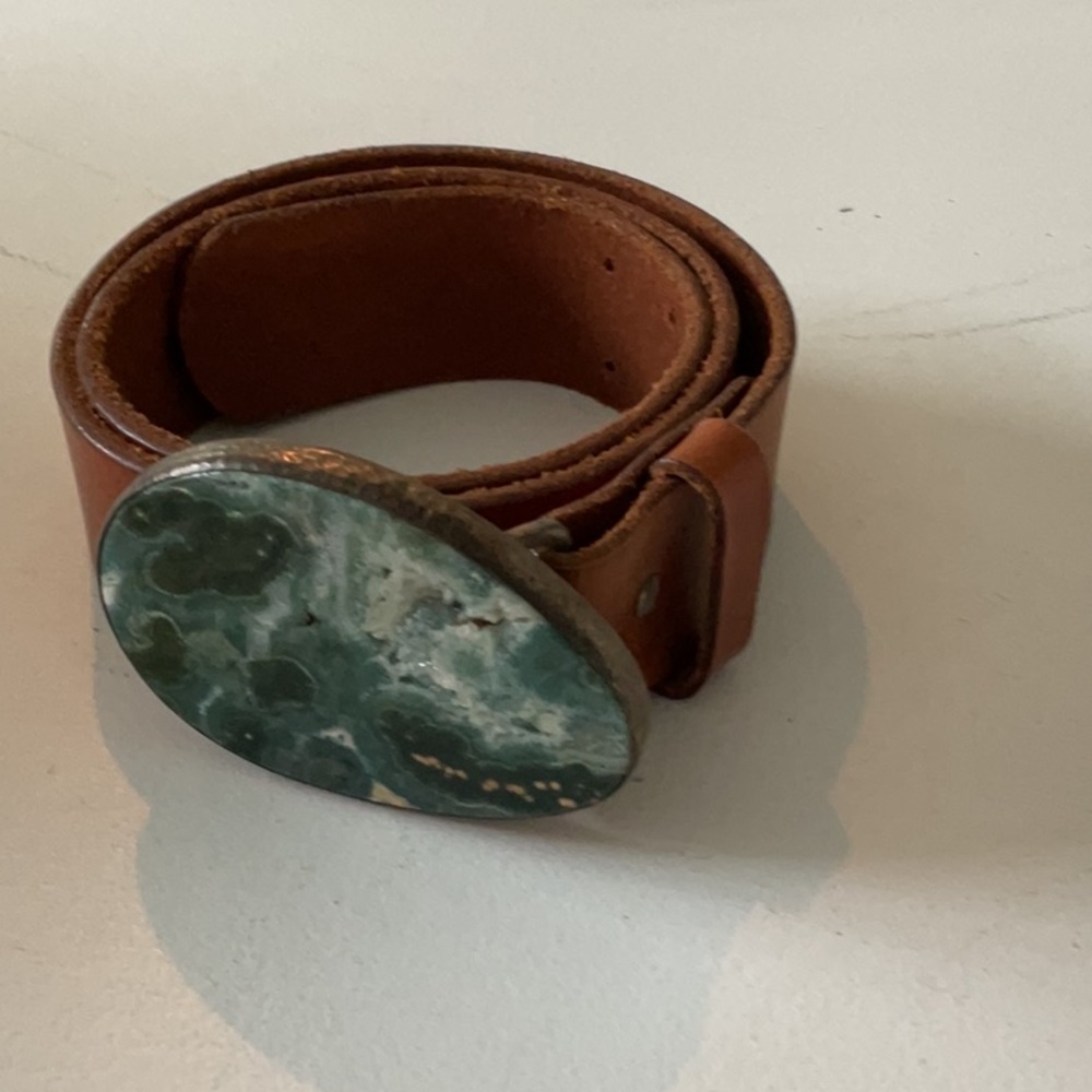 Brown Leather Belt with Green Stone Buckle